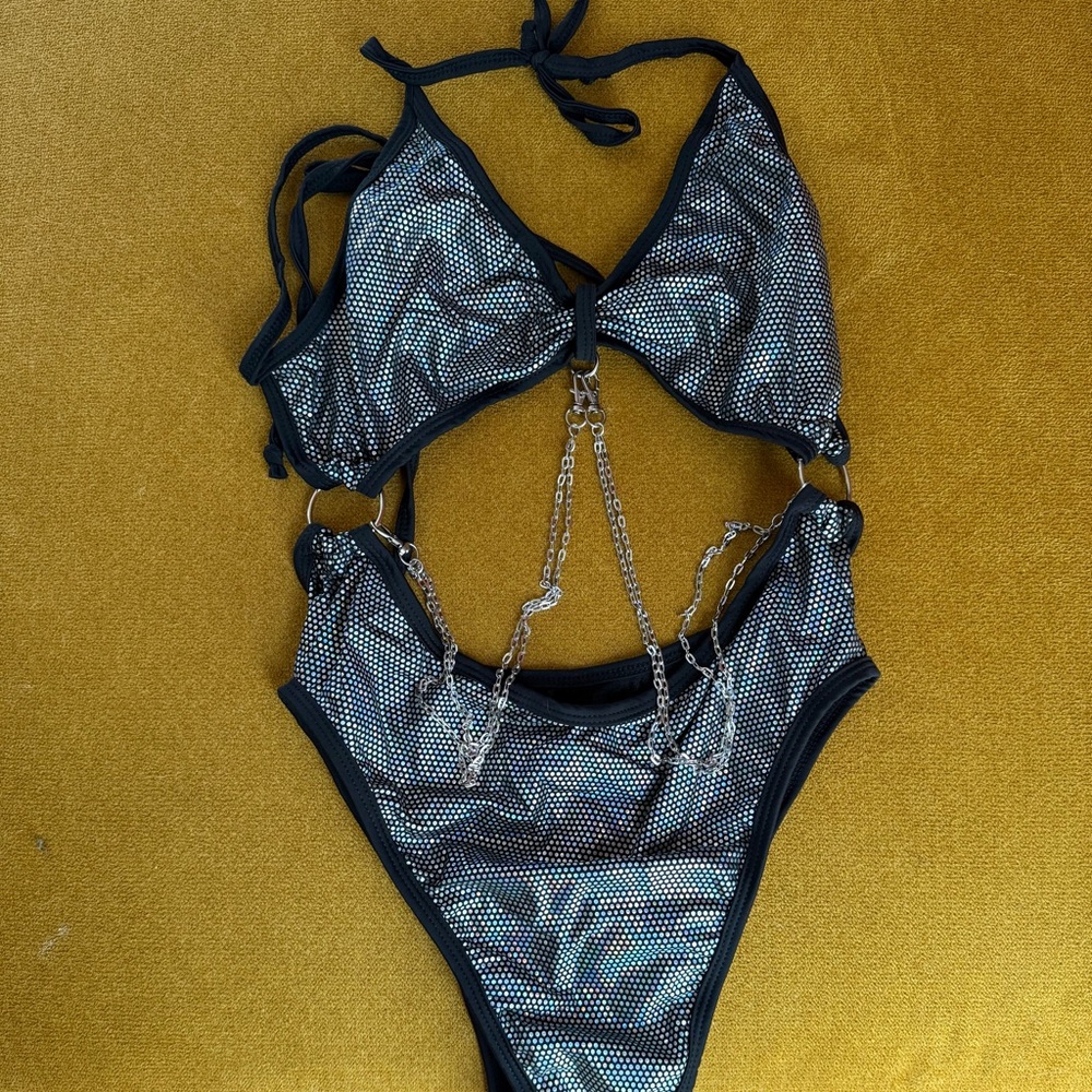 Rolita Couture Black and Gray Chain Detail One Piece